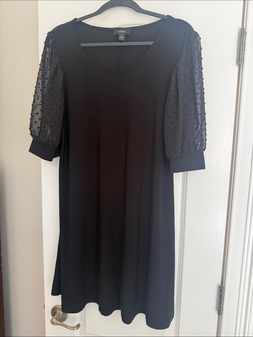 MSK Black Midi Dress with Sheer Dot Puff Sleeves